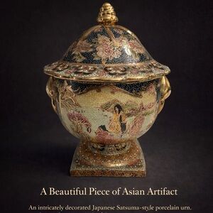 Satsuma Moriage Painted Geishas Garden Vtg Japanese Porcelain Lidded Urn Signed